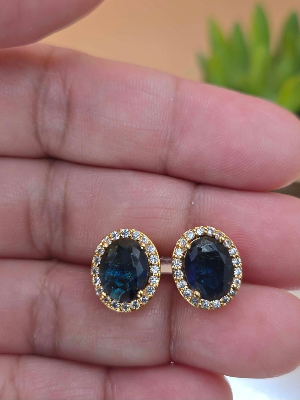 Gold-Plated Blue Oval Halo Stud Earrings - Brand